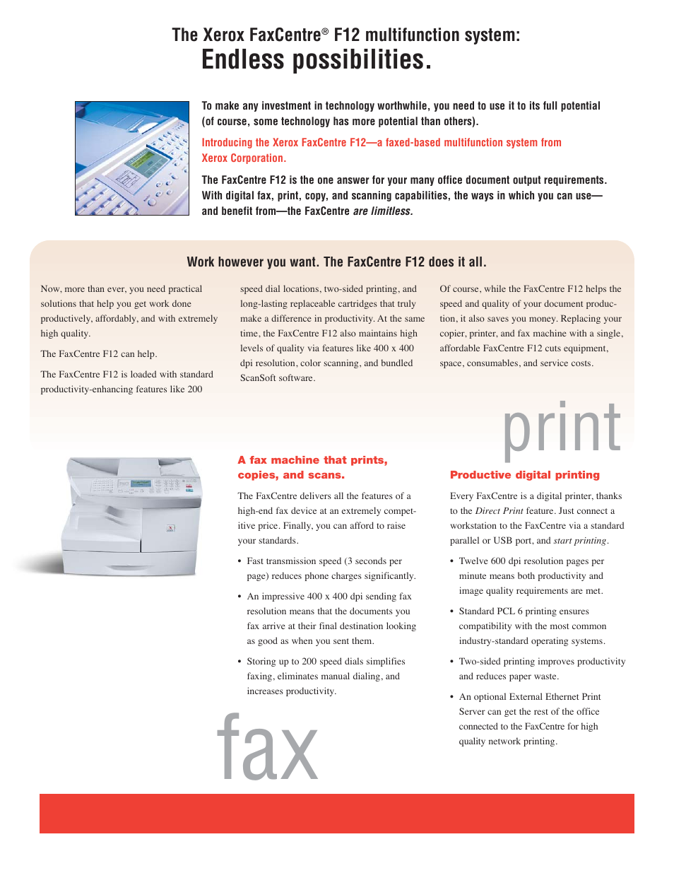 Print, Endless possibilities, The xerox faxcentre | F12 multifunction system | Xerox FaxCentre F12 User Manual | Page 2 / 4