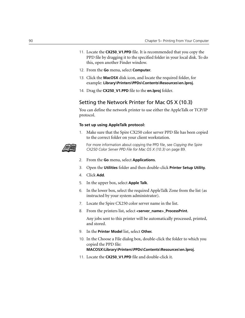 Setting the network printer for mac os x (10.3) | Xerox CX240 User Manual | Page 100 / 276