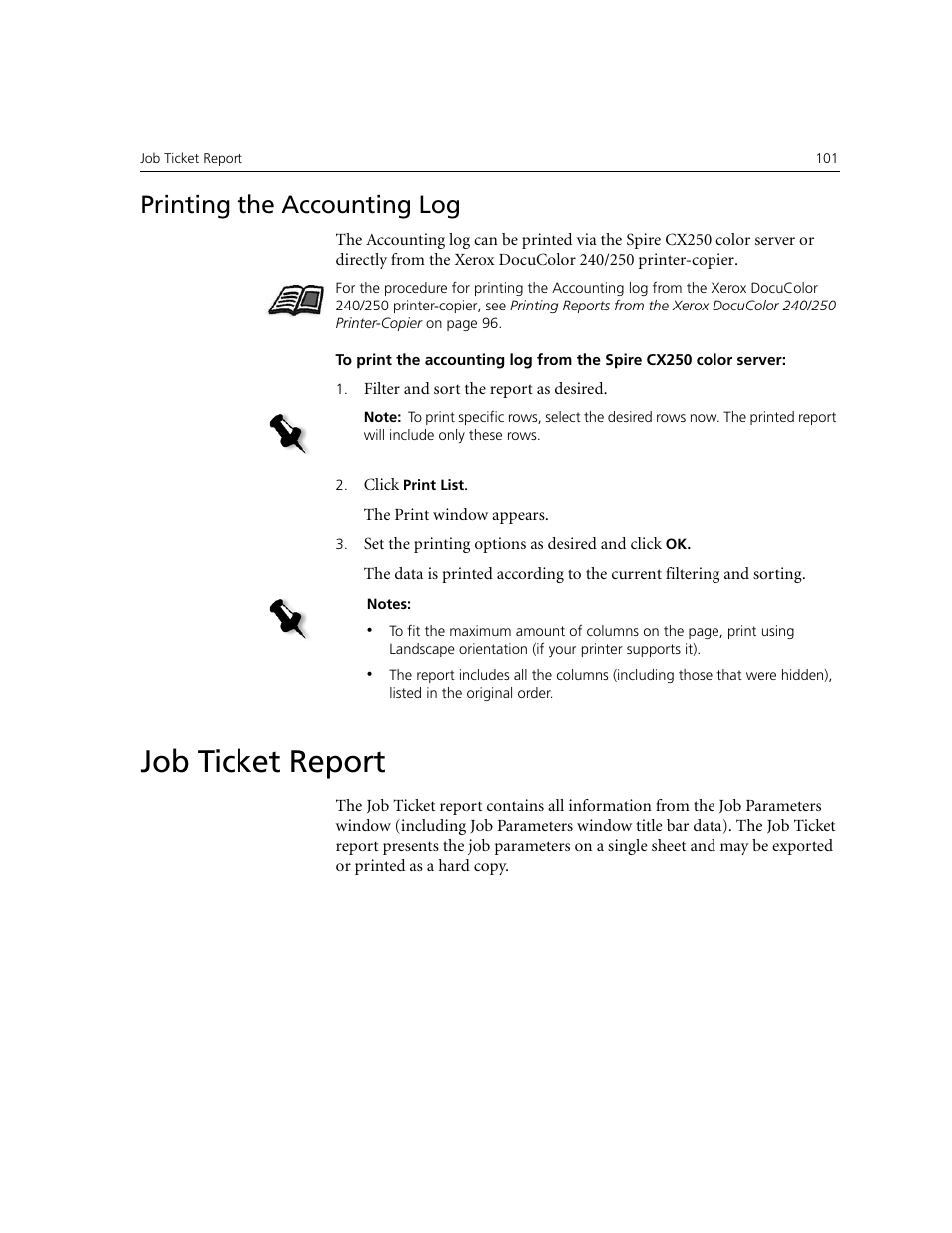 Printing the accounting log, Job ticket report | Xerox CX240 User Manual | Page 111 / 276