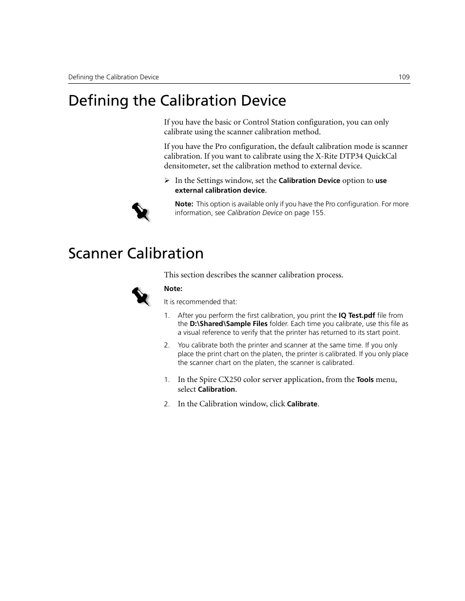 Defining the calibration device, Scanner calibration | Xerox CX240 User Manual | Page 119 / 276