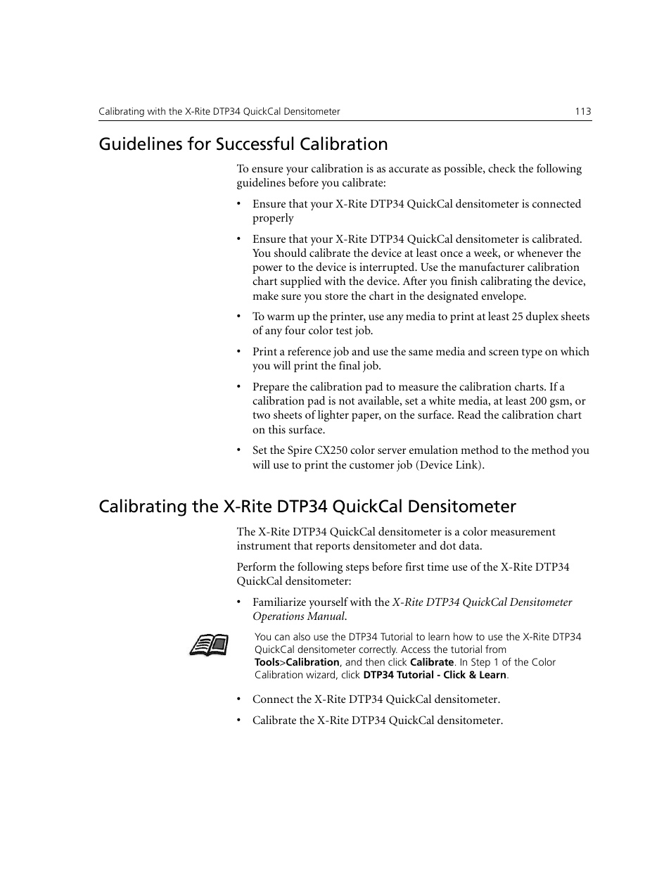 Guidelines for successful calibration, Calibrating the x-rite dtp34 quickcal densitometer | Xerox CX240 User Manual | Page 123 / 276