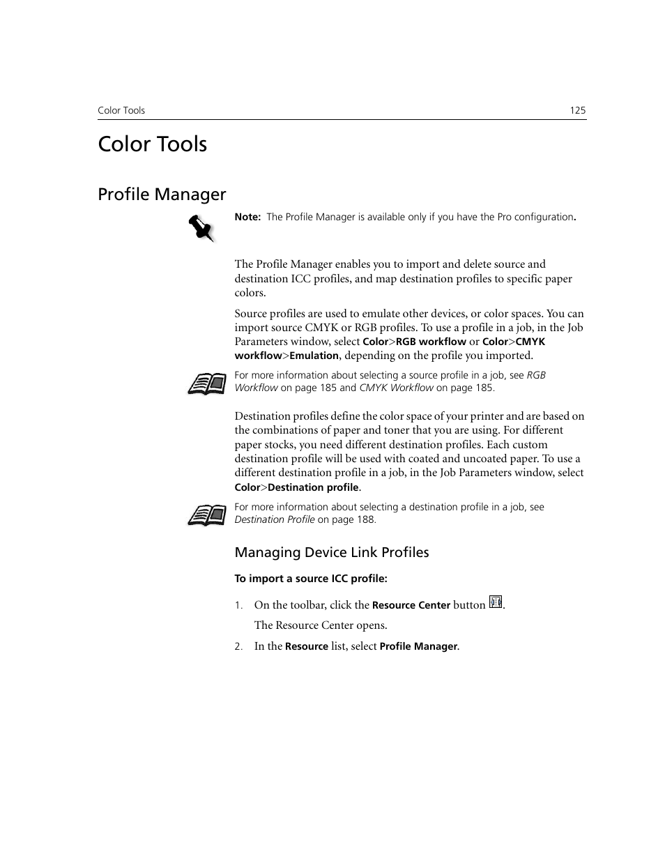 Color tools, Profile manager, Managing device link profiles | Xerox CX240 User Manual | Page 135 / 276