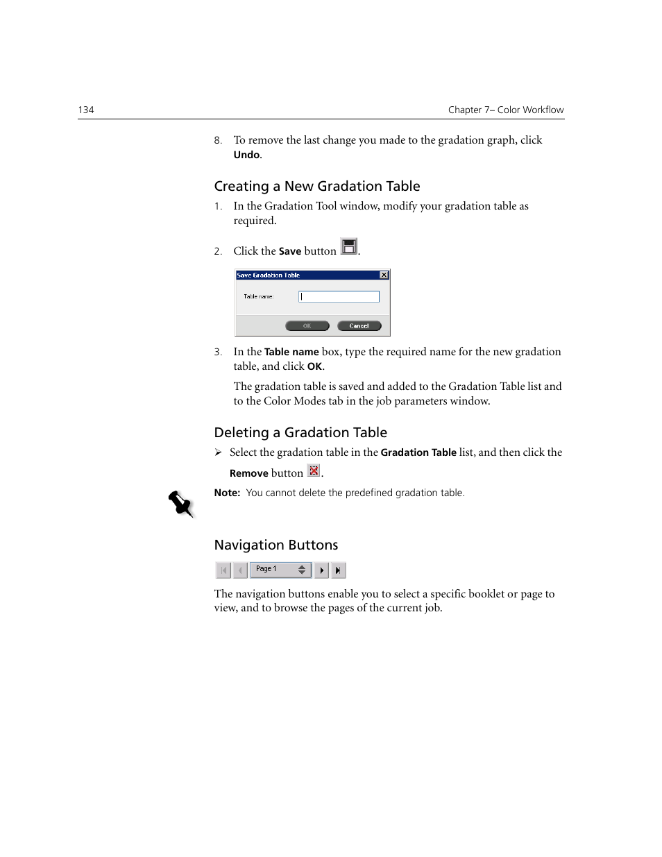 Creating a new gradation table, Deleting a gradation table, Navigation buttons | Xerox CX240 User Manual | Page 144 / 276