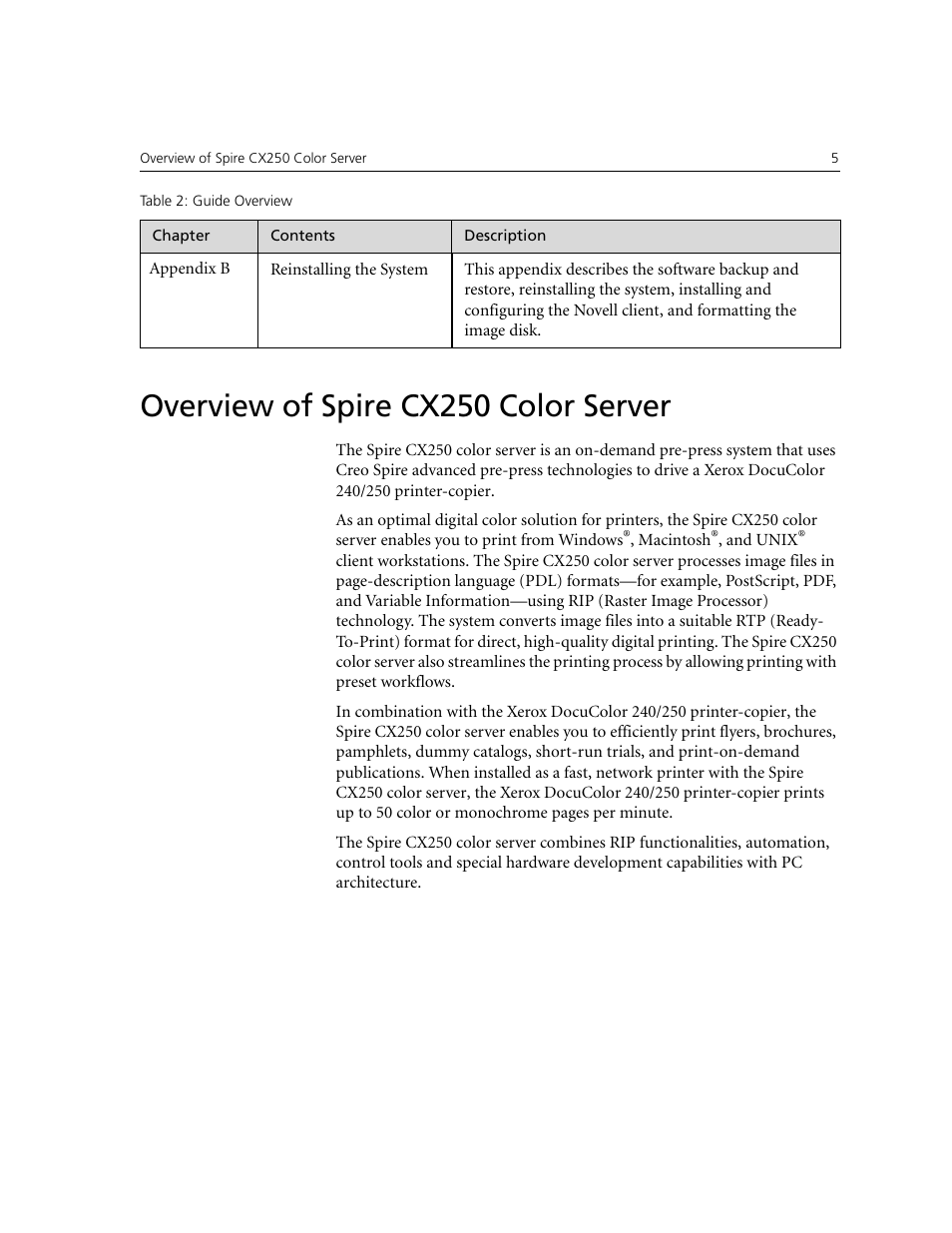 Overview of spire cx250 color server | Xerox CX240 User Manual | Page 15 / 276