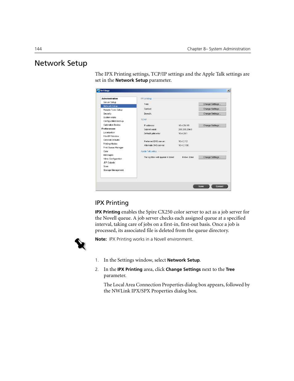 Network setup, Ipx printing | Xerox CX240 User Manual | Page 154 / 276