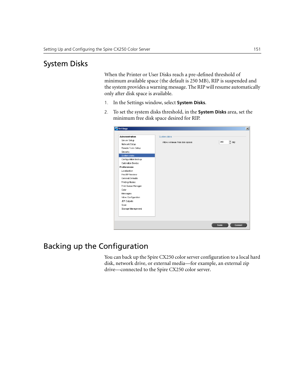 System disks, Backing up the configuration, System disks backing up the configuration | Xerox CX240 User Manual | Page 161 / 276