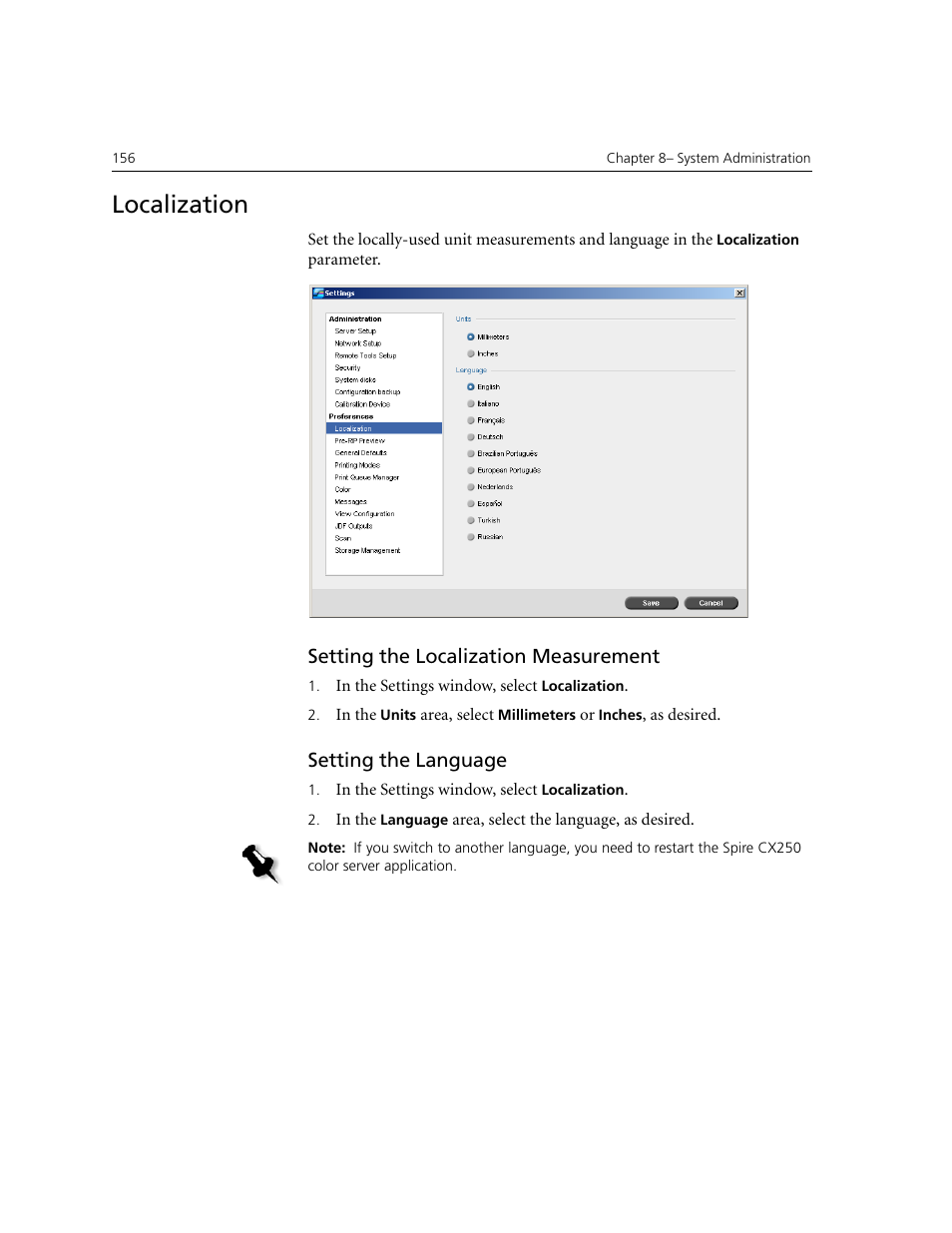 Localization, Setting the localization measurement, Setting the language | Xerox CX240 User Manual | Page 166 / 276