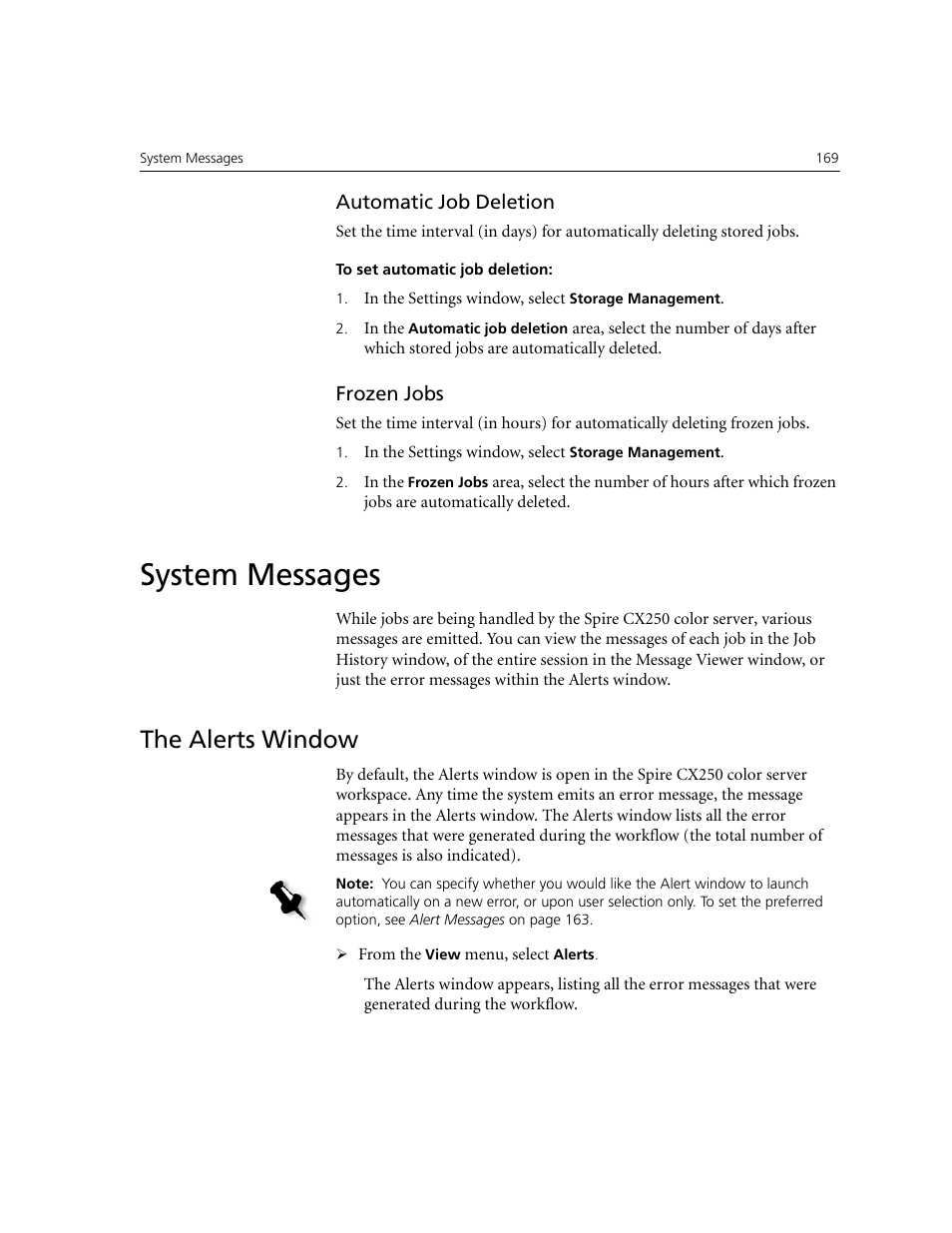 Automatic job deletion, Frozen jobs, System messages | The alerts window | Xerox CX240 User Manual | Page 179 / 276