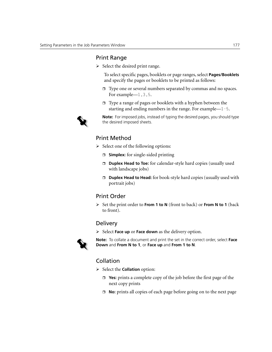 Print range, Print method, Print order | Delivery, Collation | Xerox CX240 User Manual | Page 187 / 276