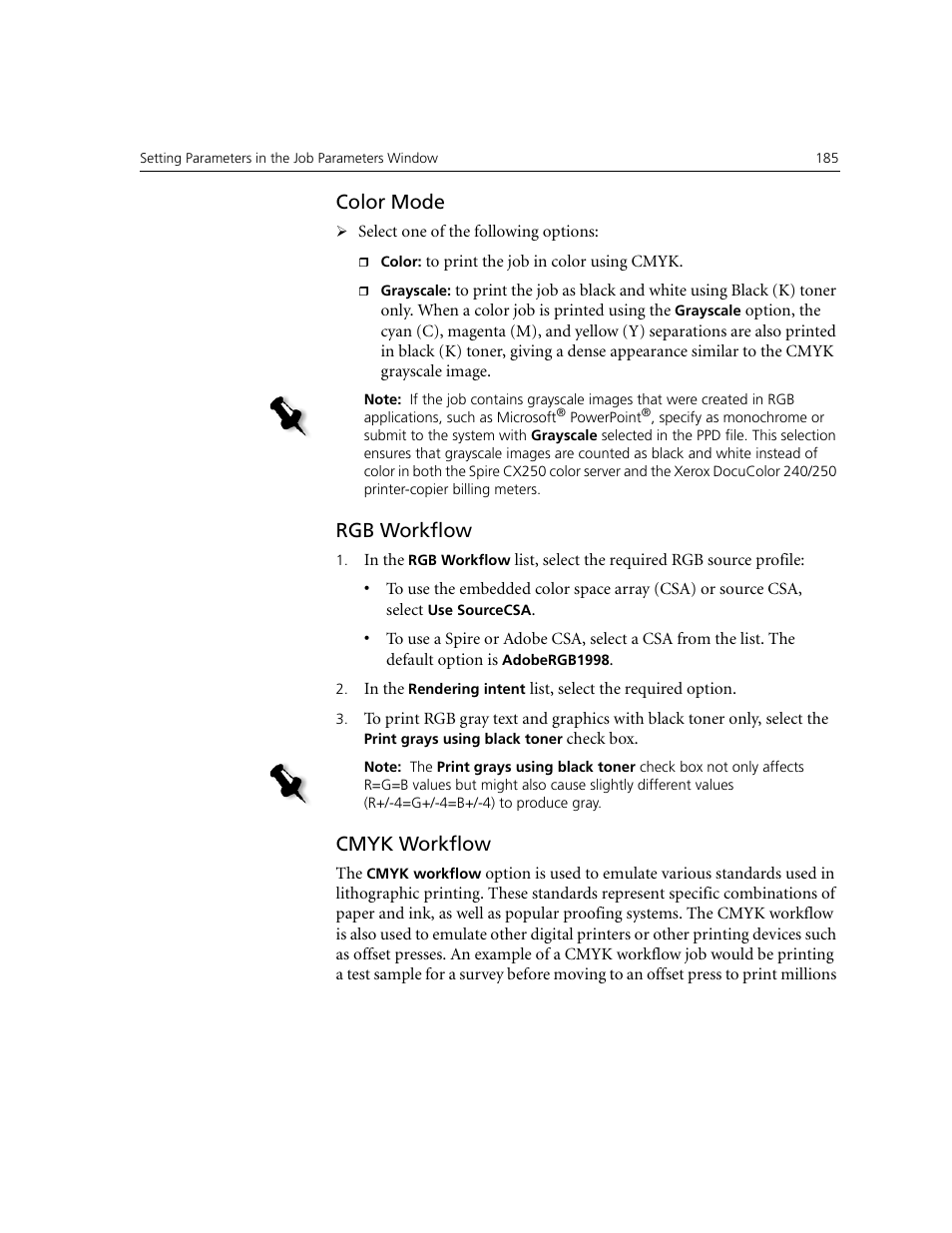 Color mode, Rgb workflow, Cmyk workflow | Xerox CX240 User Manual | Page 195 / 276
