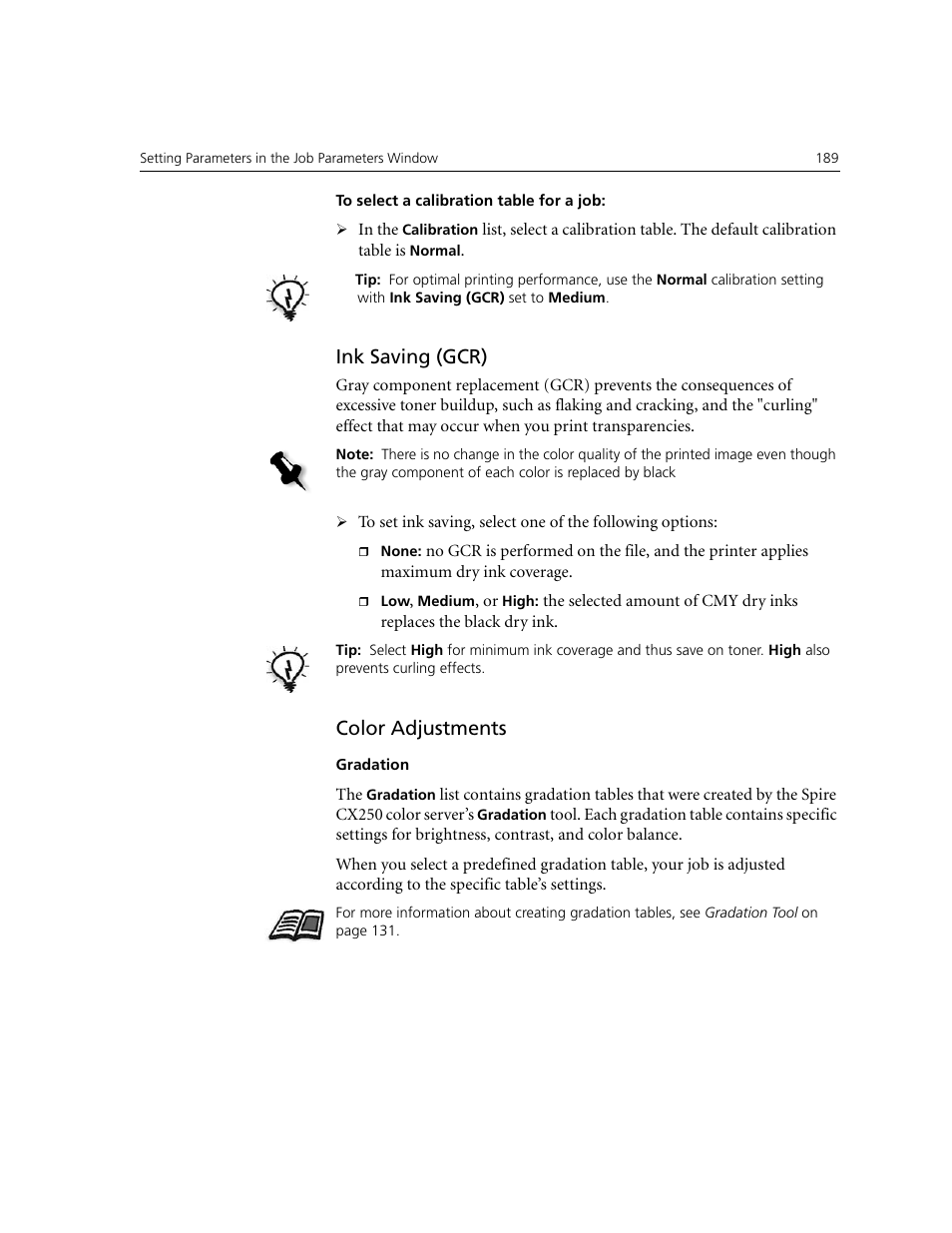 Ink saving (gcr), Color adjustments | Xerox CX240 User Manual | Page 199 / 276