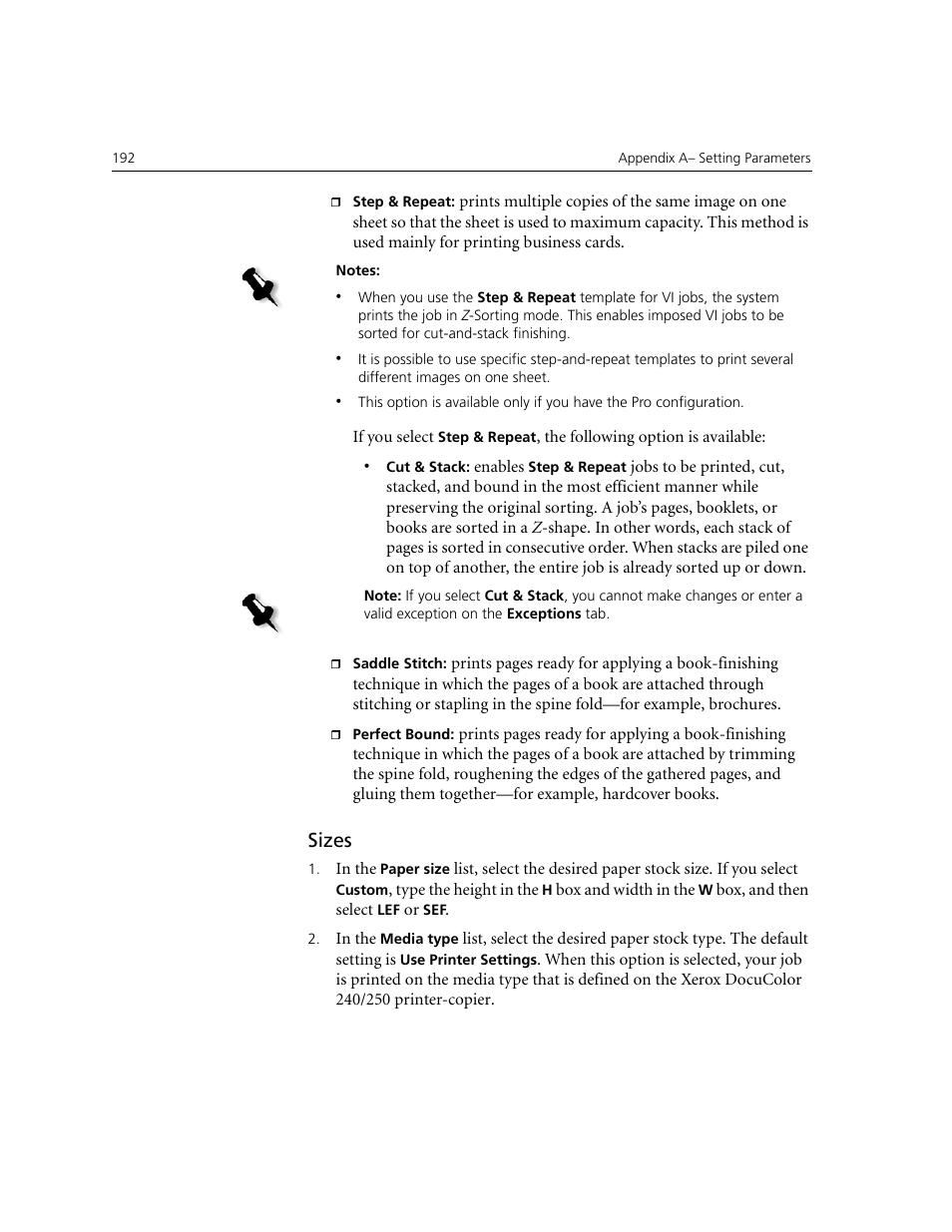 Sizes | Xerox CX240 User Manual | Page 202 / 276