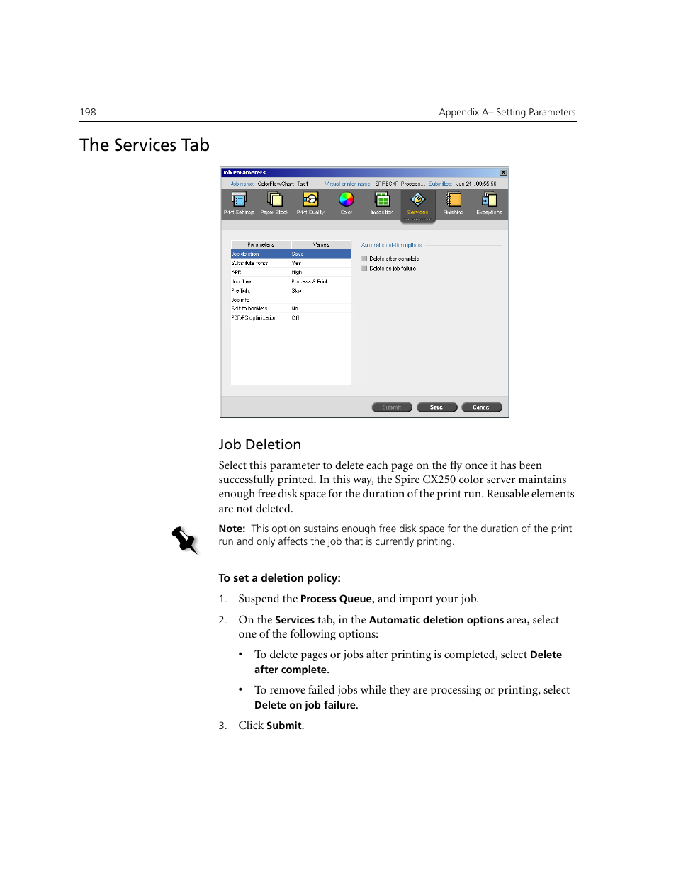 The services tab, Job deletion | Xerox CX240 User Manual | Page 208 / 276