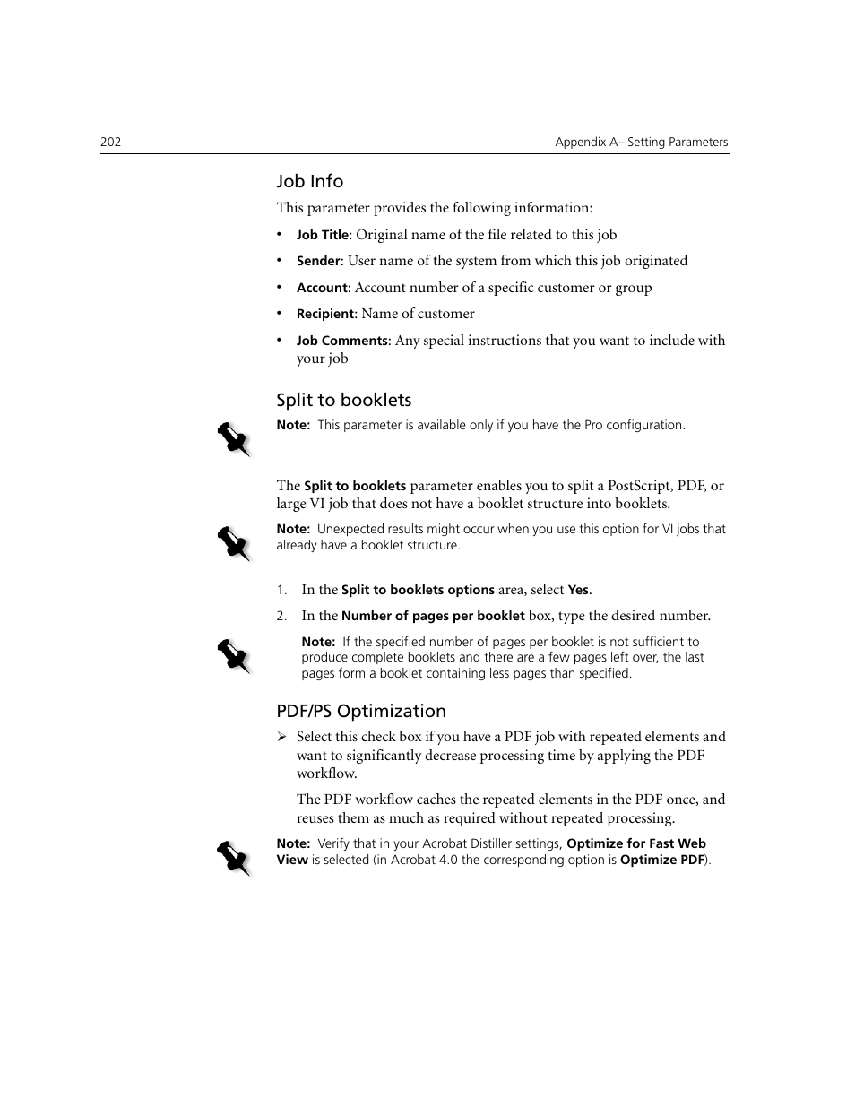 Job info, Split to booklets, Pdf/ps optimization | Xerox CX240 User Manual | Page 212 / 276