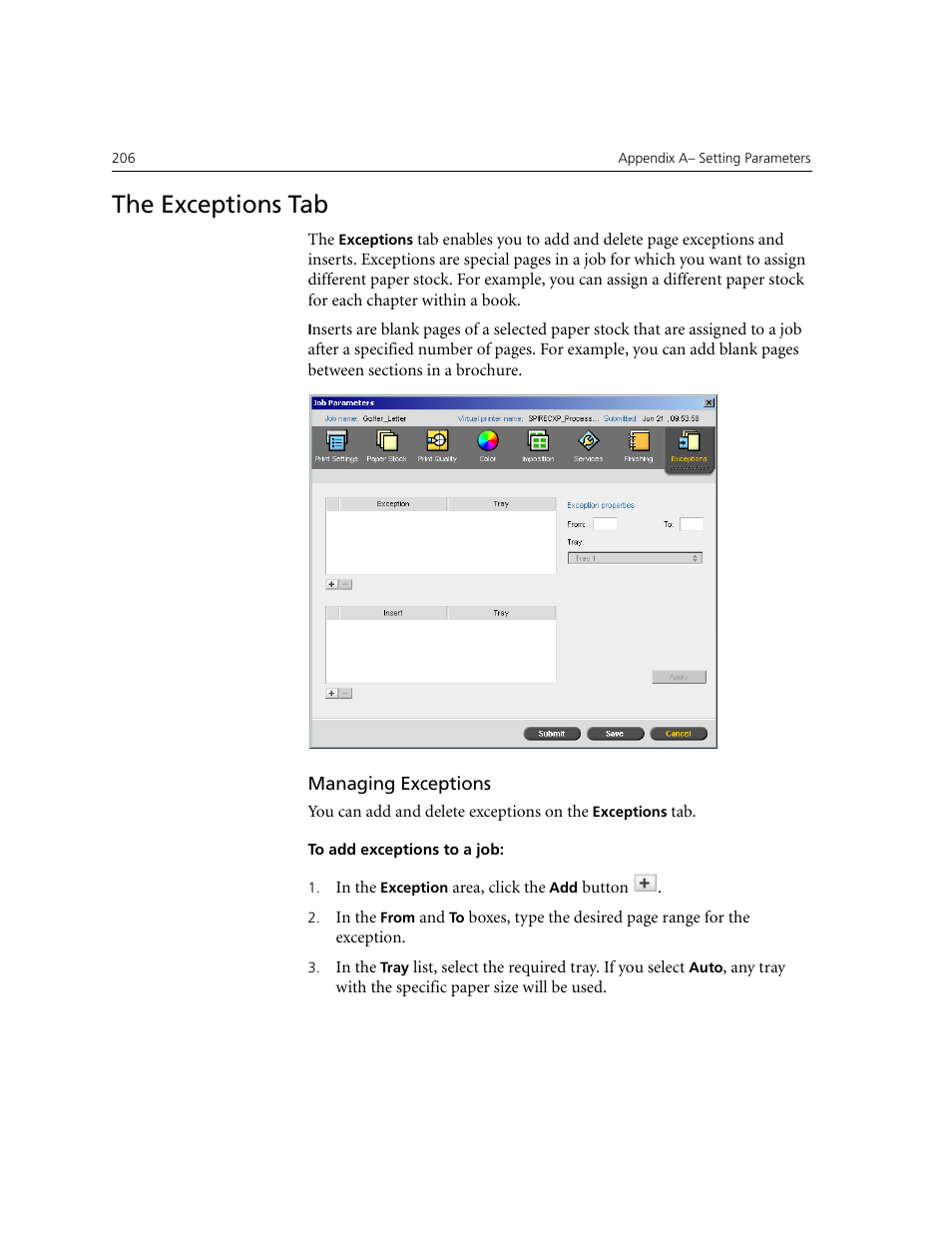 The exceptions tab, Managing exceptions | Xerox CX240 User Manual | Page 216 / 276