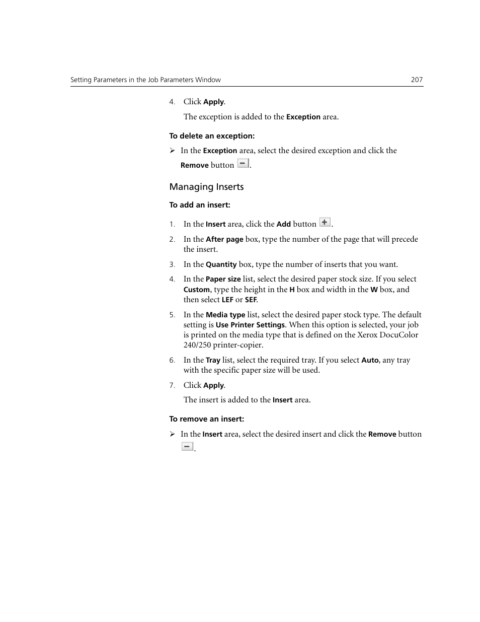 Managing inserts | Xerox CX240 User Manual | Page 217 / 276