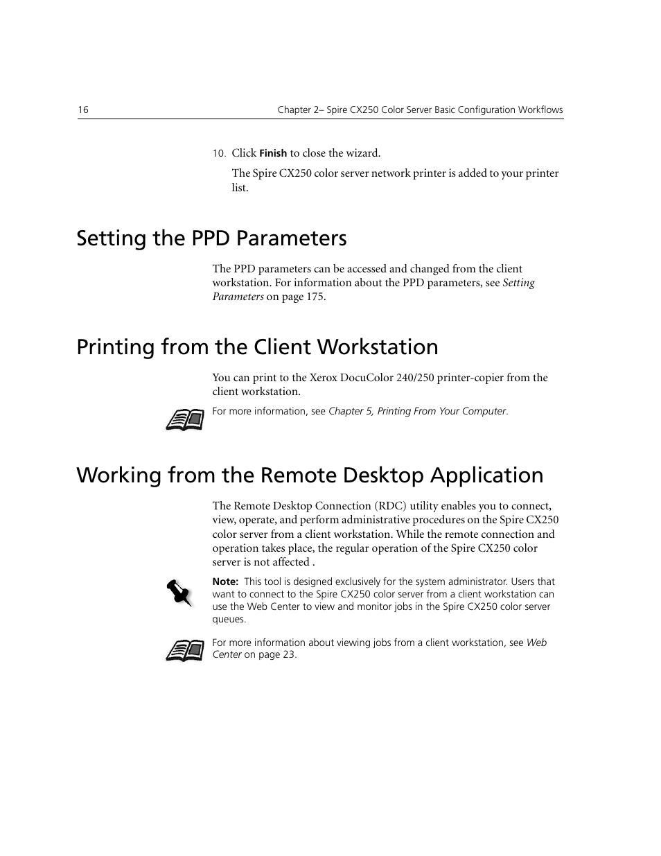 Setting the ppd parameters, Printing from the client workstation, Working from the remote desktop application | Xerox CX240 User Manual | Page 26 / 276