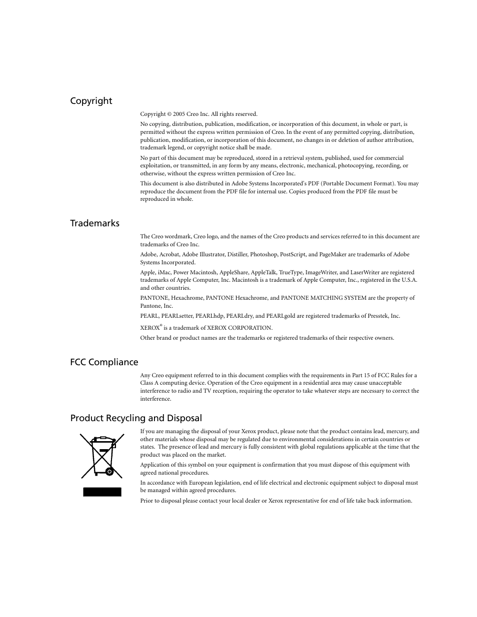 Copyright, Trademarks, Fcc compliance | Product recycling and disposal | Xerox CX240 User Manual | Page 3 / 276