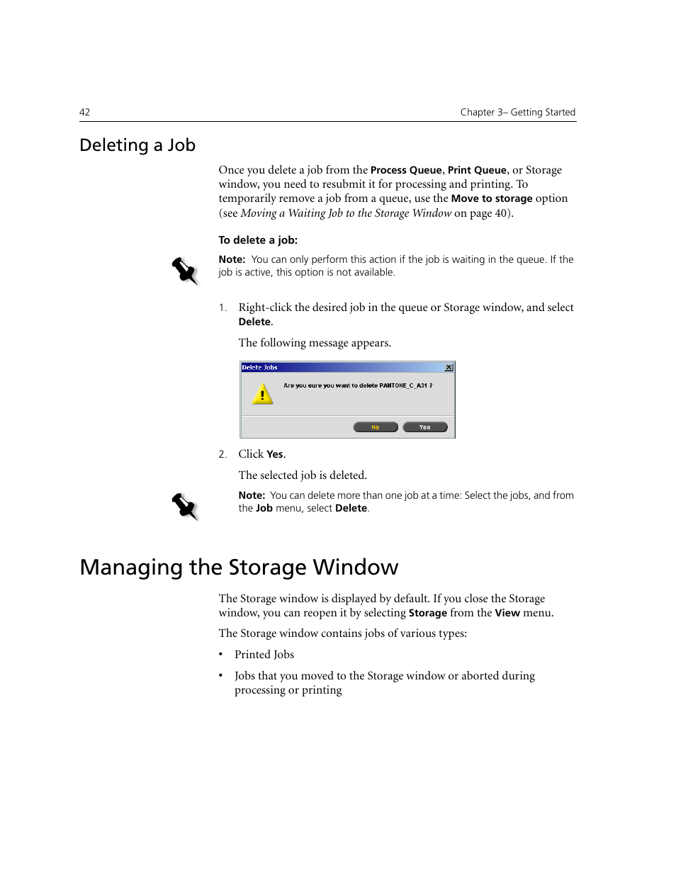 Deleting a job, Managing the storage window | Xerox CX240 User Manual | Page 52 / 276