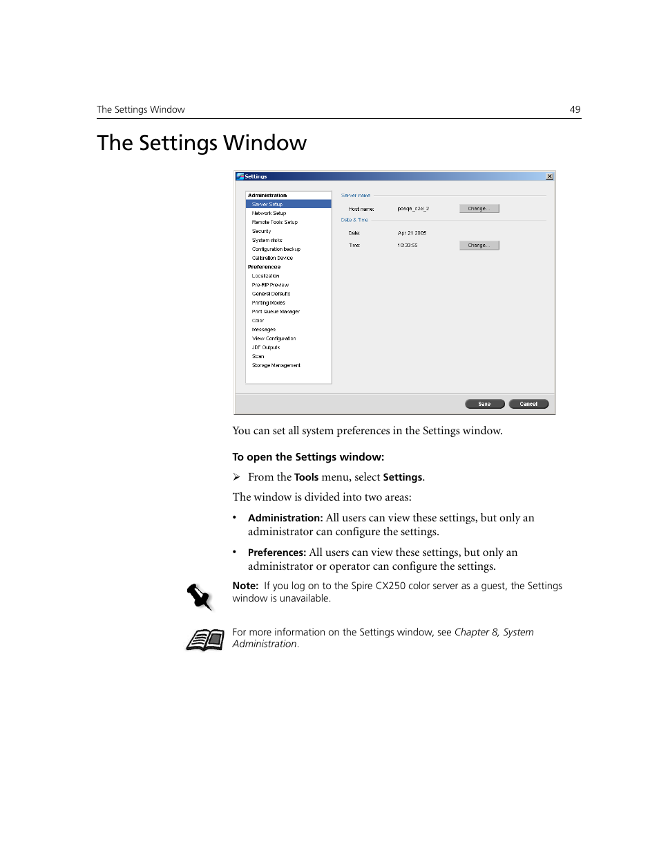 The settings window | Xerox CX240 User Manual | Page 59 / 276