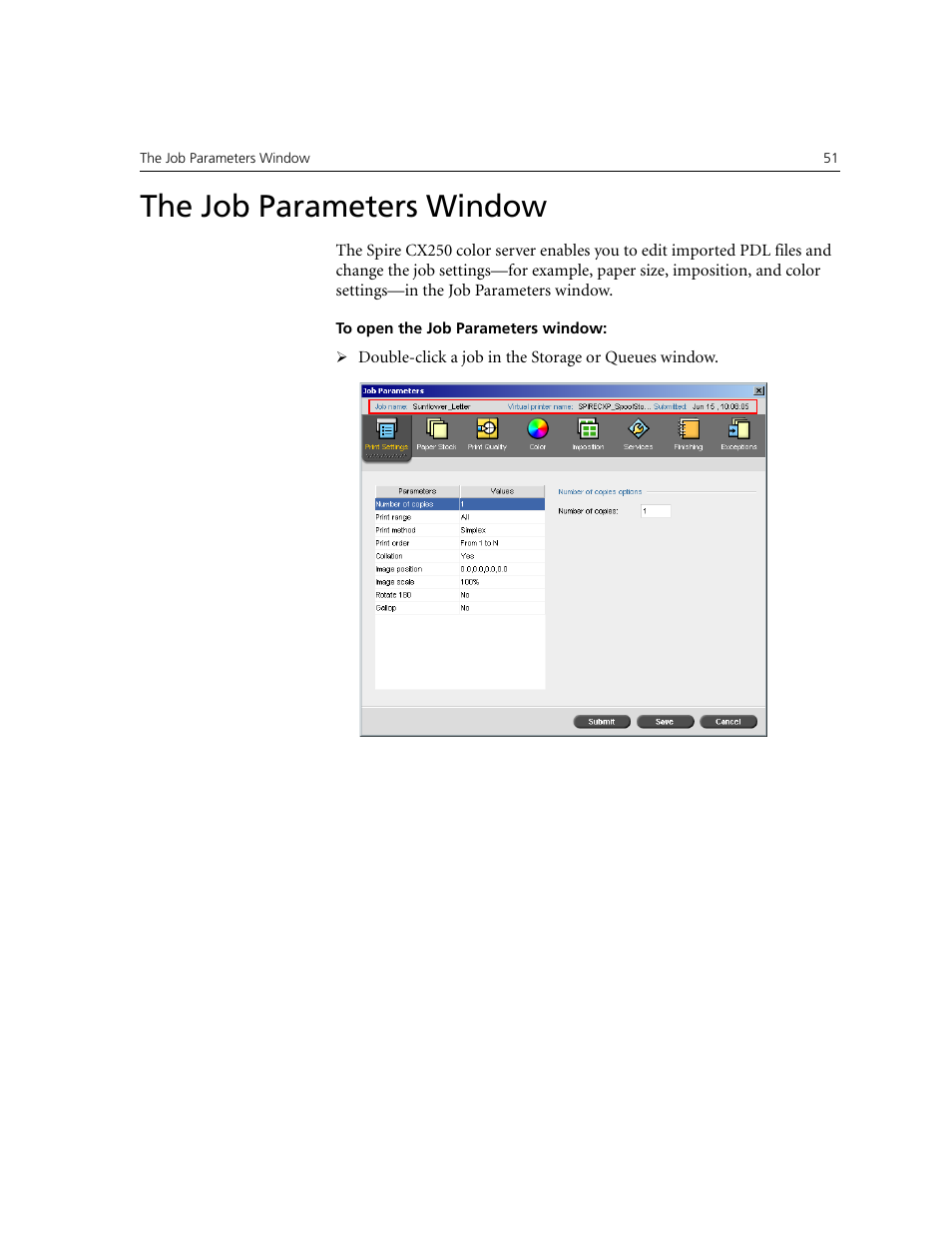 The job parameters window | Xerox CX240 User Manual | Page 61 / 276