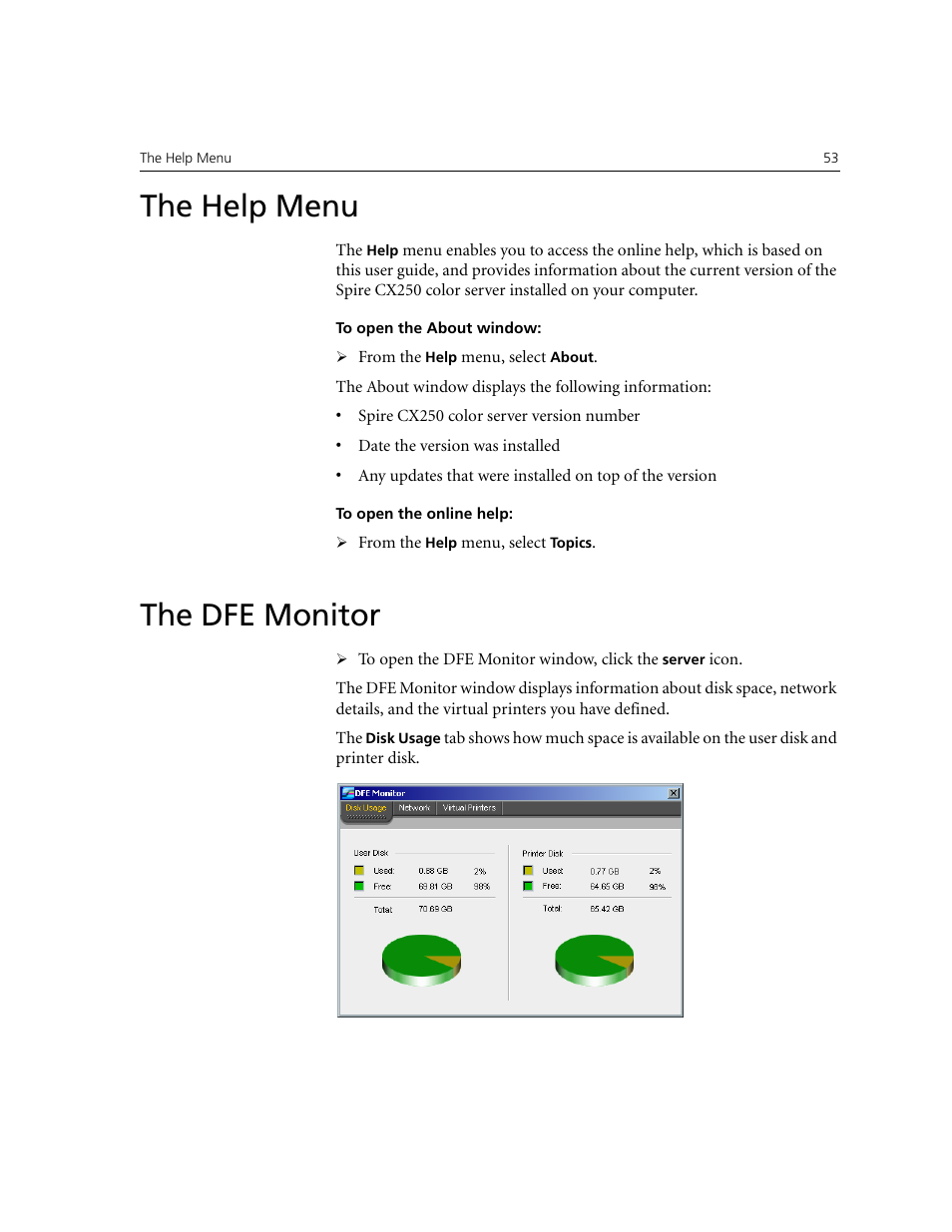The help menu, The dfe monitor, The help menu the dfe monitor | Xerox CX240 User Manual | Page 63 / 276