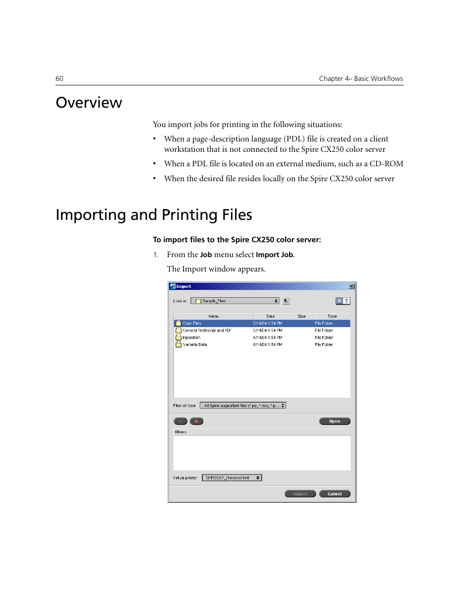 Overview, Importing and printing files, Overview importing and printing files | Xerox CX240 User Manual | Page 70 / 276