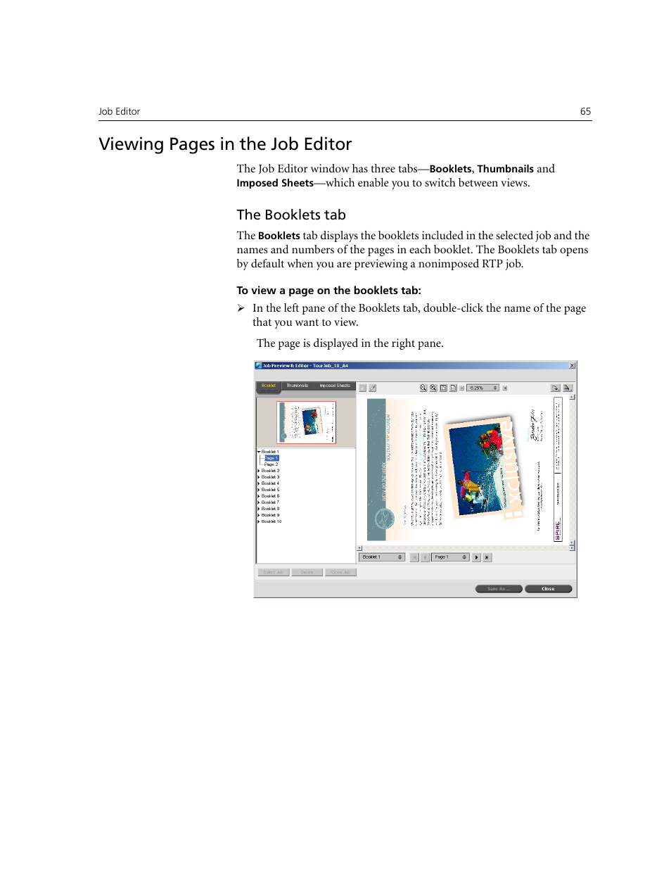 The booklets tab, Viewing pages in the job editor | Xerox CX240 User Manual | Page 75 / 276