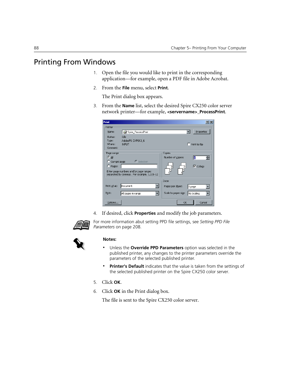 Printing from windows | Xerox CX240 User Manual | Page 98 / 276