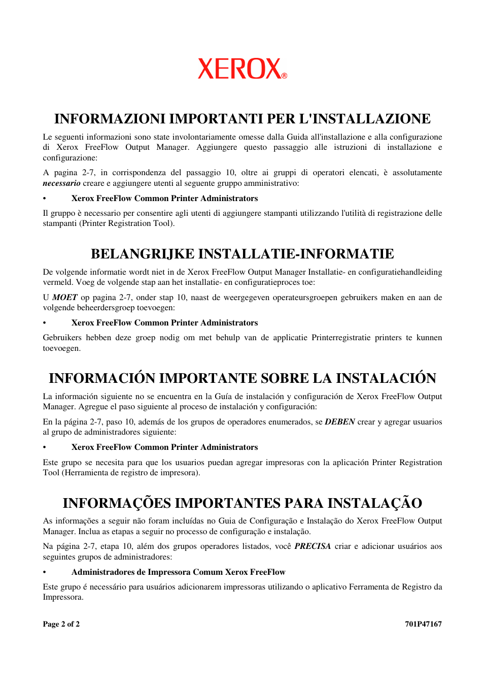 Informazioni importanti per l'installazione, Belangrijke installatie-informatie, Información importante sobre la instalación | Informações importantes para instalação | Xerox 402400 User Manual | Page 2 / 2