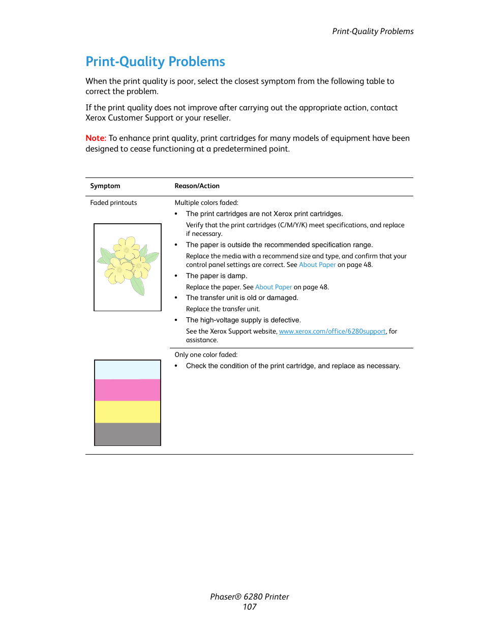 Print-quality problems | Xerox Color Printer Phaser 6280 User Manual | Page 106 / 158