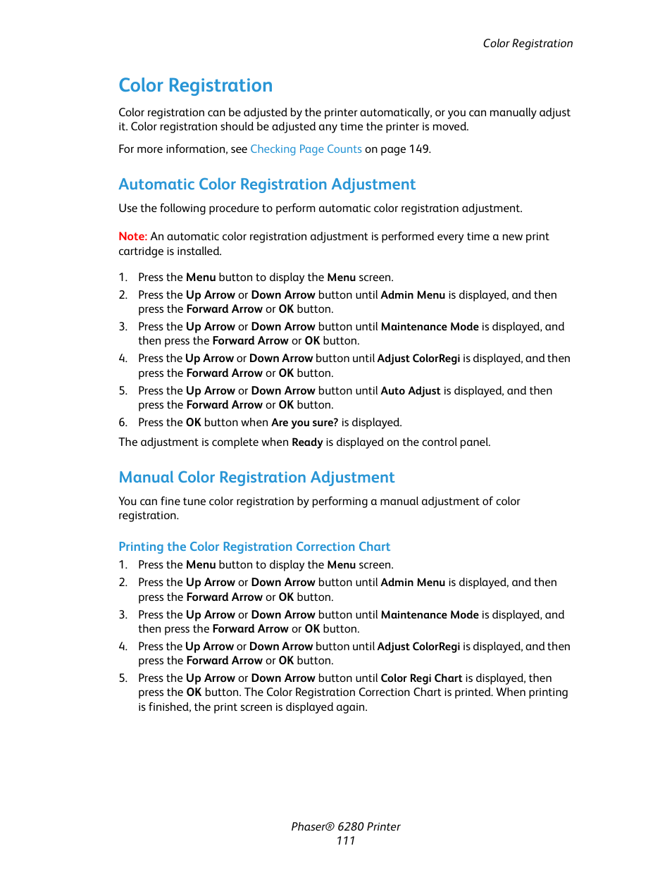 Color registration, Automatic color registration adjustment, Manual color registration adjustment | Xerox Color Printer Phaser 6280 User Manual | Page 110 / 158