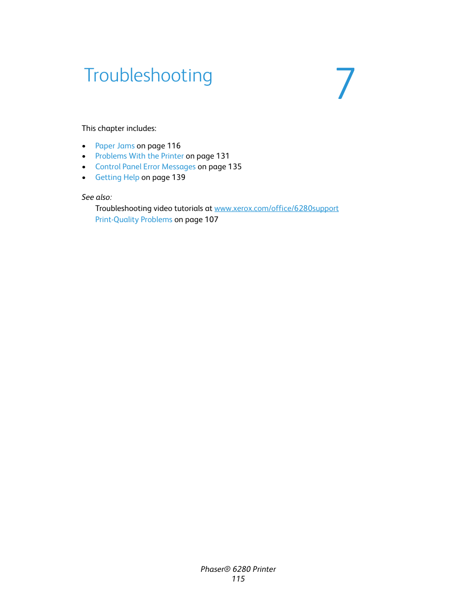 Troubleshooting | Xerox Color Printer Phaser 6280 User Manual | Page 114 / 158