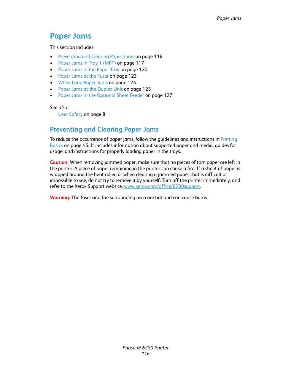 Paper jams, Preventing and clearing paper jams | Xerox Color Printer Phaser 6280 User Manual | Page 115 / 158