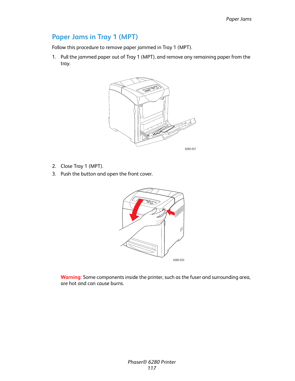 Paper jams in tray 1 (mpt) | Xerox Color Printer Phaser 6280 User Manual | Page 116 / 158