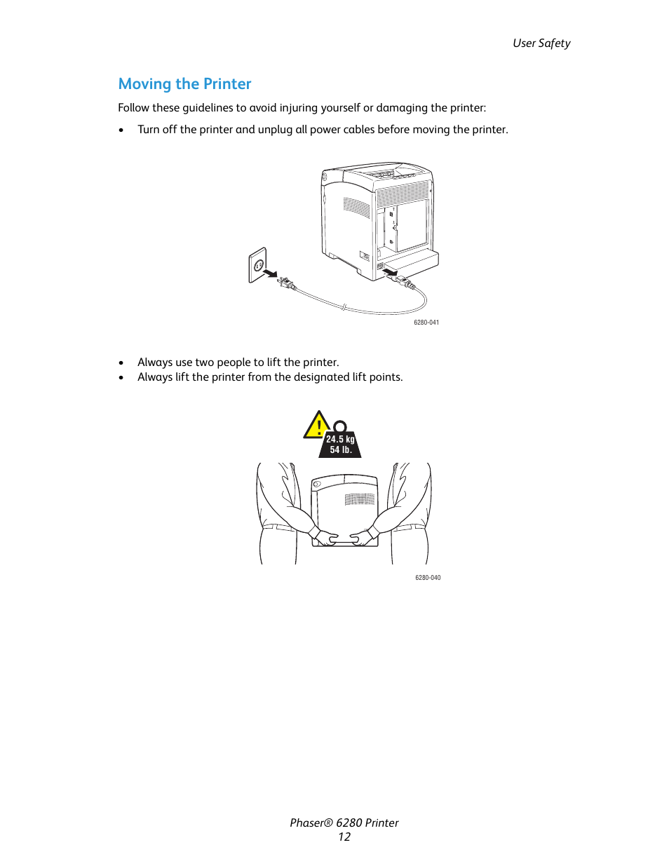 Moving the printer | Xerox Color Printer Phaser 6280 User Manual | Page 12 / 158