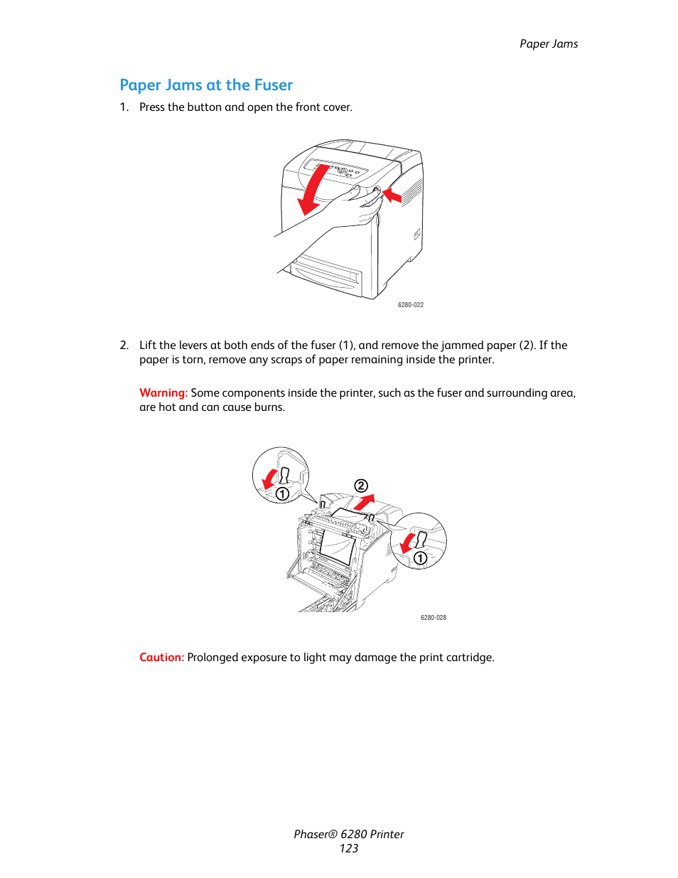 Paper jams at the fuser | Xerox Color Printer Phaser 6280 User Manual | Page 122 / 158