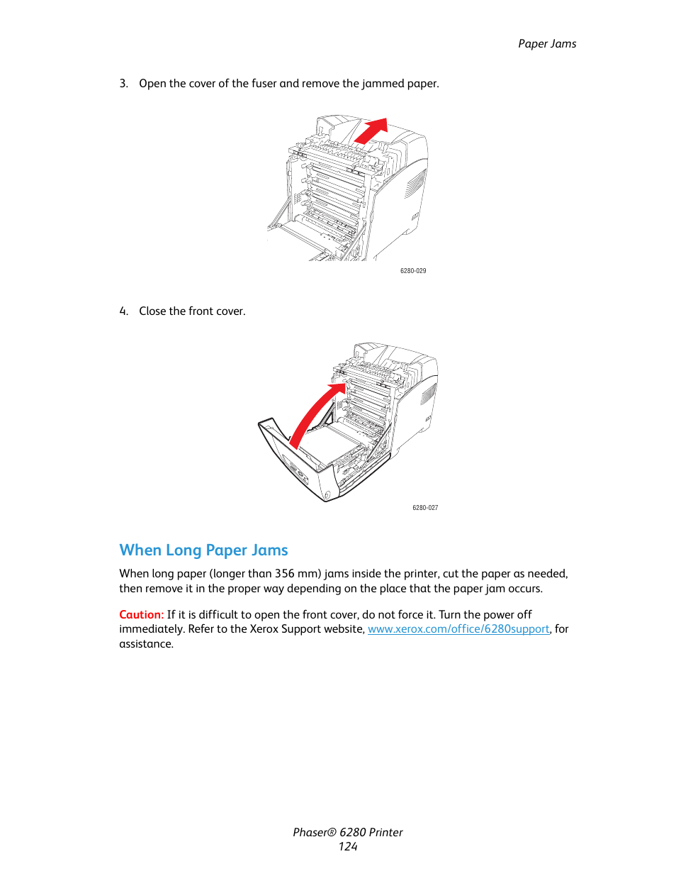 When long paper jams | Xerox Color Printer Phaser 6280 User Manual | Page 123 / 158