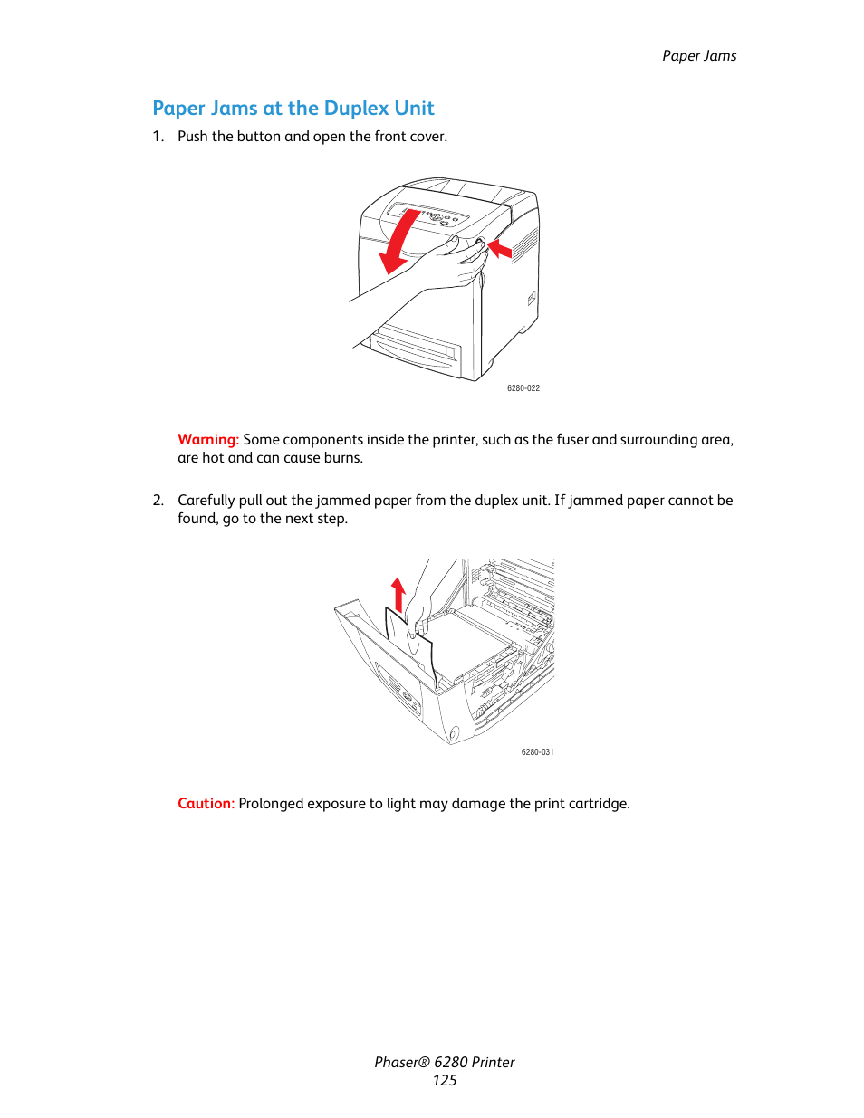 Paper jams at the duplex unit | Xerox Color Printer Phaser 6280 User Manual | Page 124 / 158