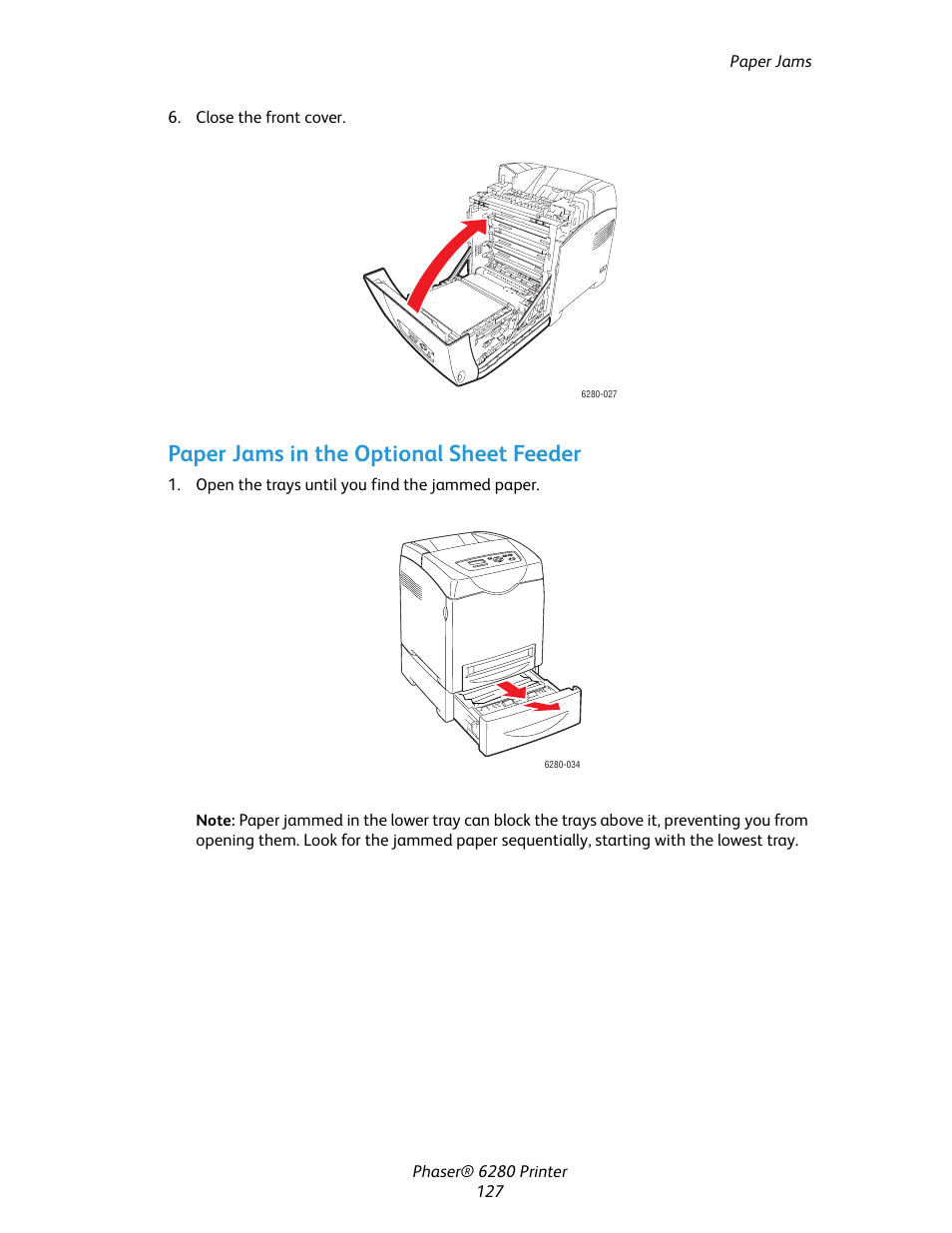 Paper jams in the optional sheet feeder | Xerox Color Printer Phaser 6280 User Manual | Page 126 / 158