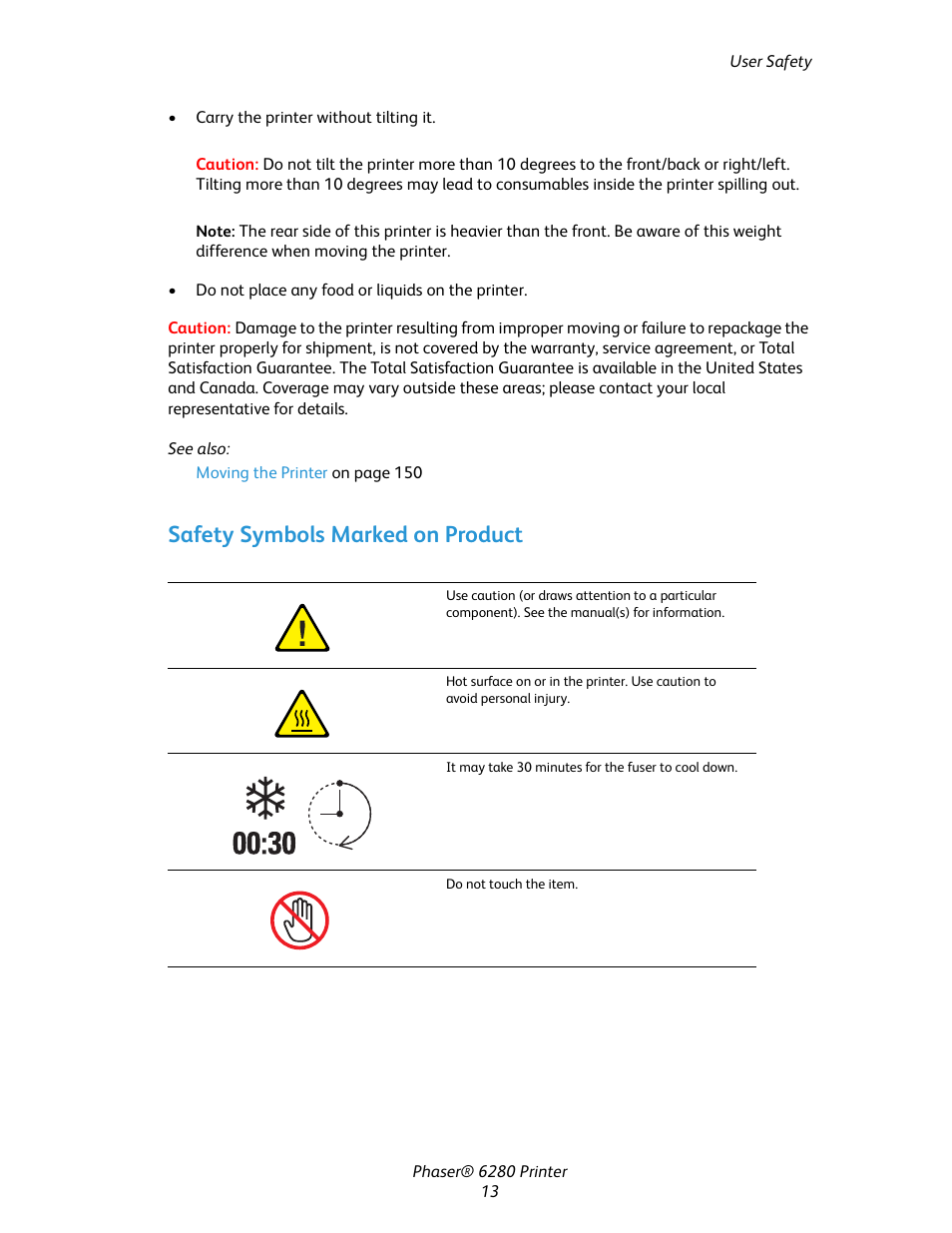 Safety symbols marked on product | Xerox Color Printer Phaser 6280 User Manual | Page 13 / 158