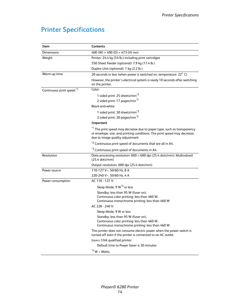 Printer specifications | Xerox Color Printer Phaser 6280 User Manual | Page 14 / 158