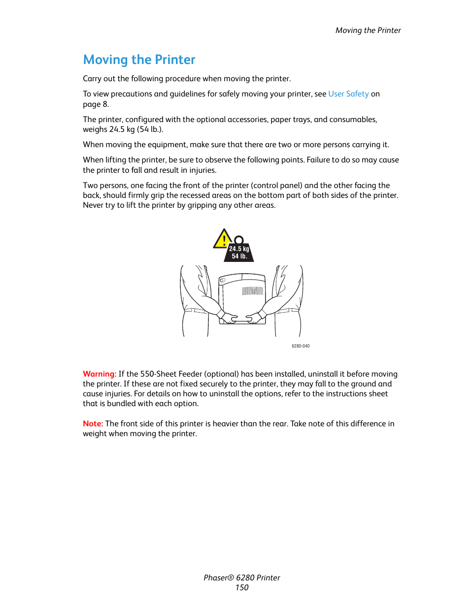 Moving the printer | Xerox Color Printer Phaser 6280 User Manual | Page 149 / 158