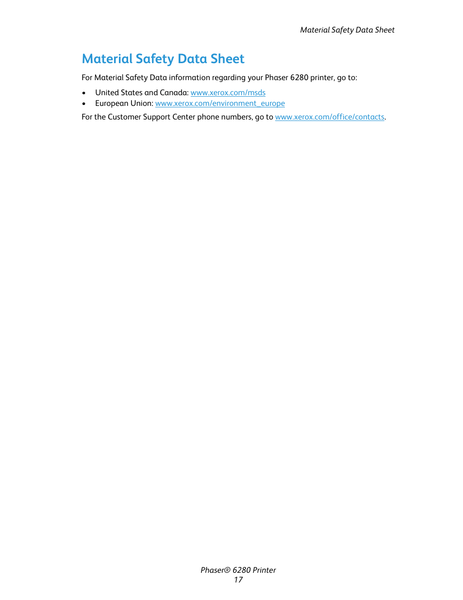 Material safety data sheet | Xerox Color Printer Phaser 6280 User Manual | Page 17 / 158