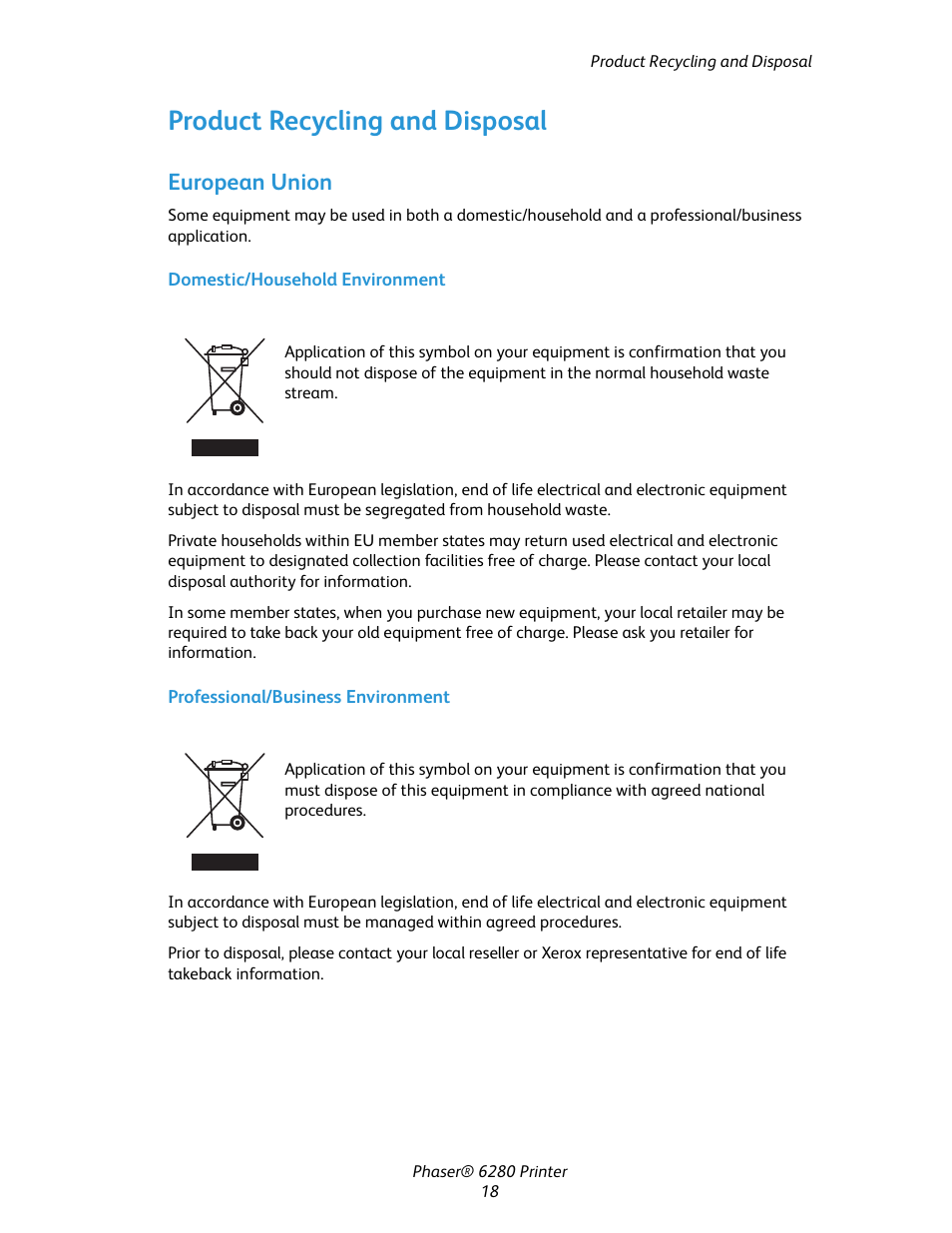 Product recycling and disposal, European union | Xerox Color Printer Phaser 6280 User Manual | Page 18 / 158