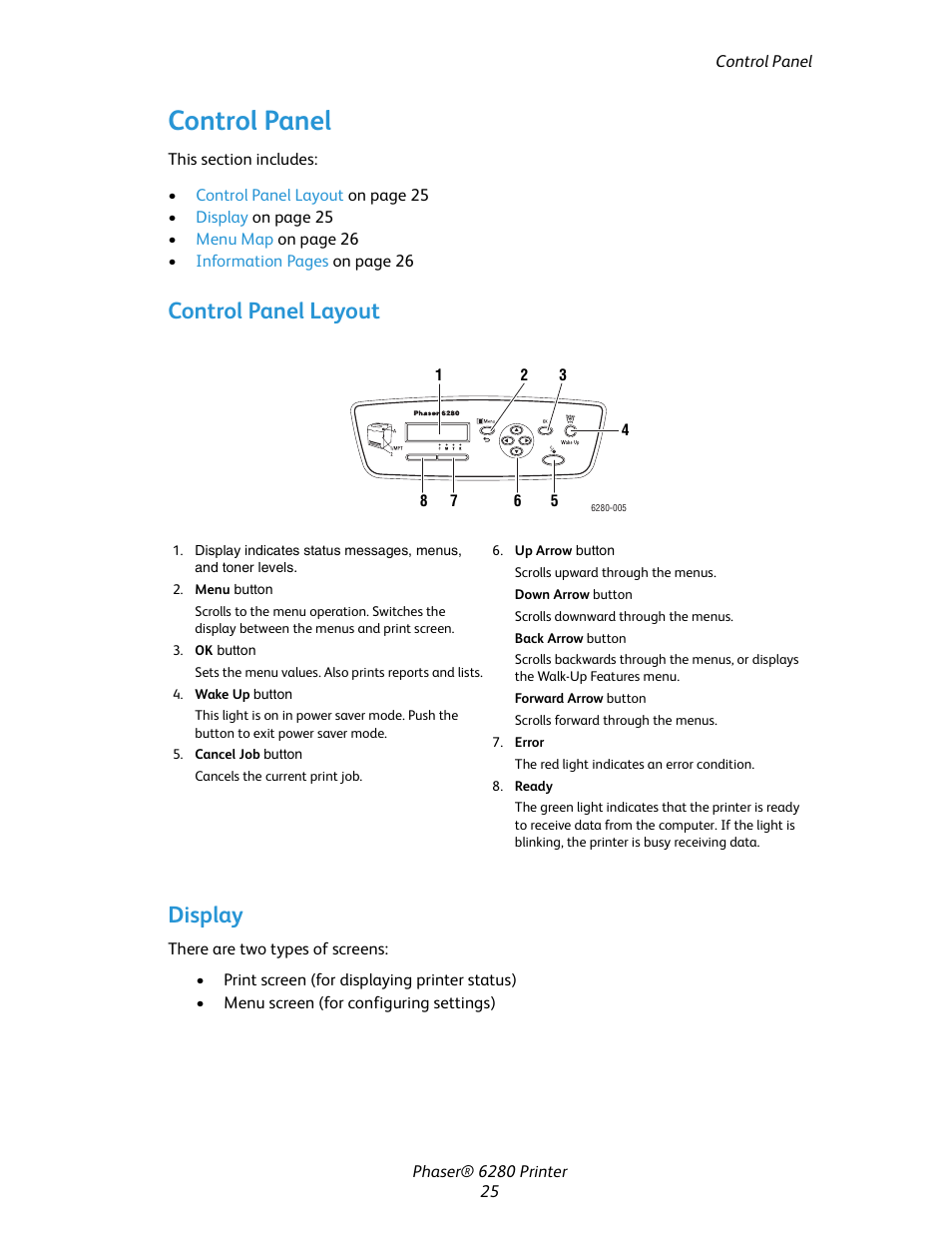 Control panel, Control panel layout, Display | Control panel layout display | Xerox Color Printer Phaser 6280 User Manual | Page 25 / 158