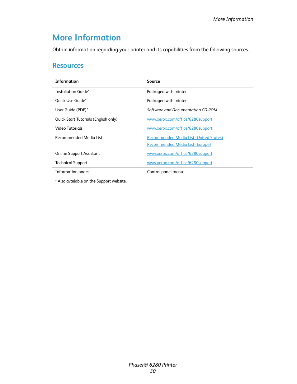 More information, Resources | Xerox Color Printer Phaser 6280 User Manual | Page 30 / 158