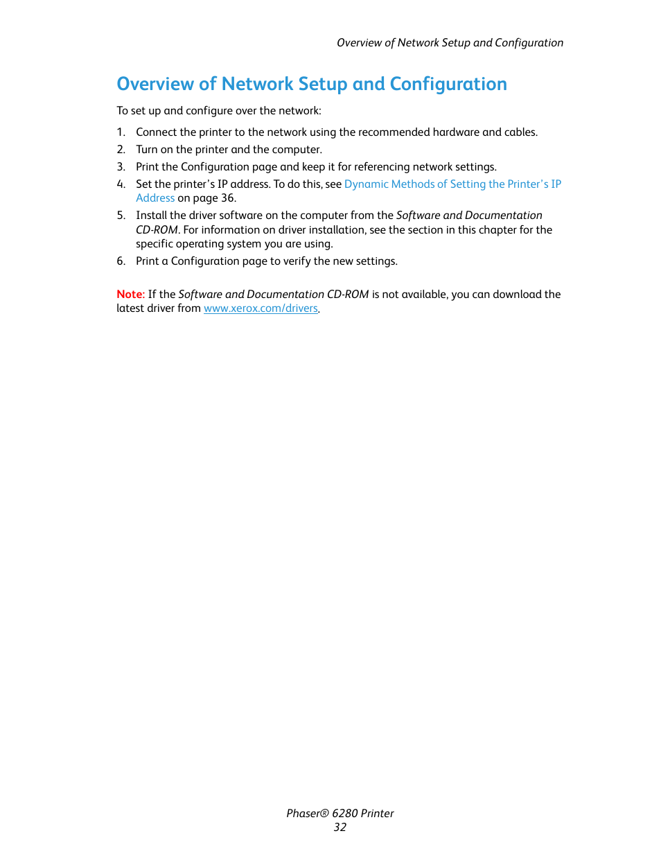 Overview of network setup and configuration | Xerox Color Printer Phaser 6280 User Manual | Page 32 / 158