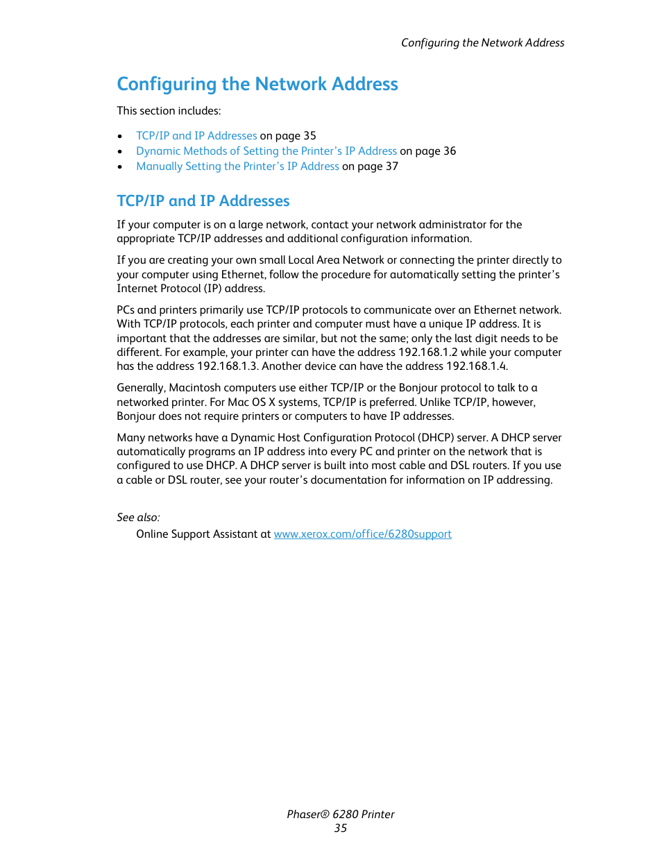 Configuring the network address, Tcp/ip and ip addresses | Xerox Color Printer Phaser 6280 User Manual | Page 35 / 158