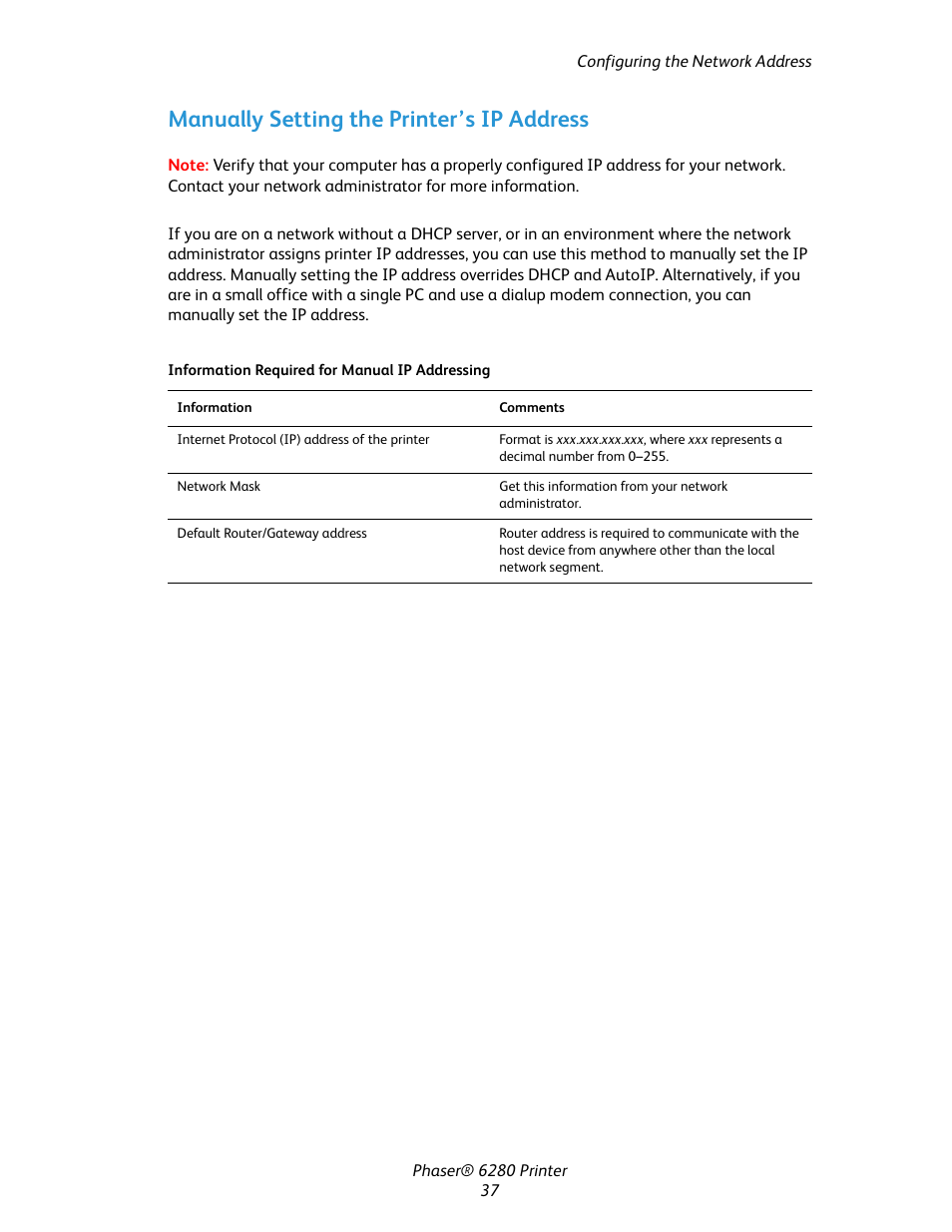 Manually setting the printer’s ip address | Xerox Color Printer Phaser 6280 User Manual | Page 37 / 158